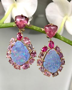 Boucles d'oreilles en goutte en or jaune 18 carats avec opale de roche, saphir rose et tourmaline rose