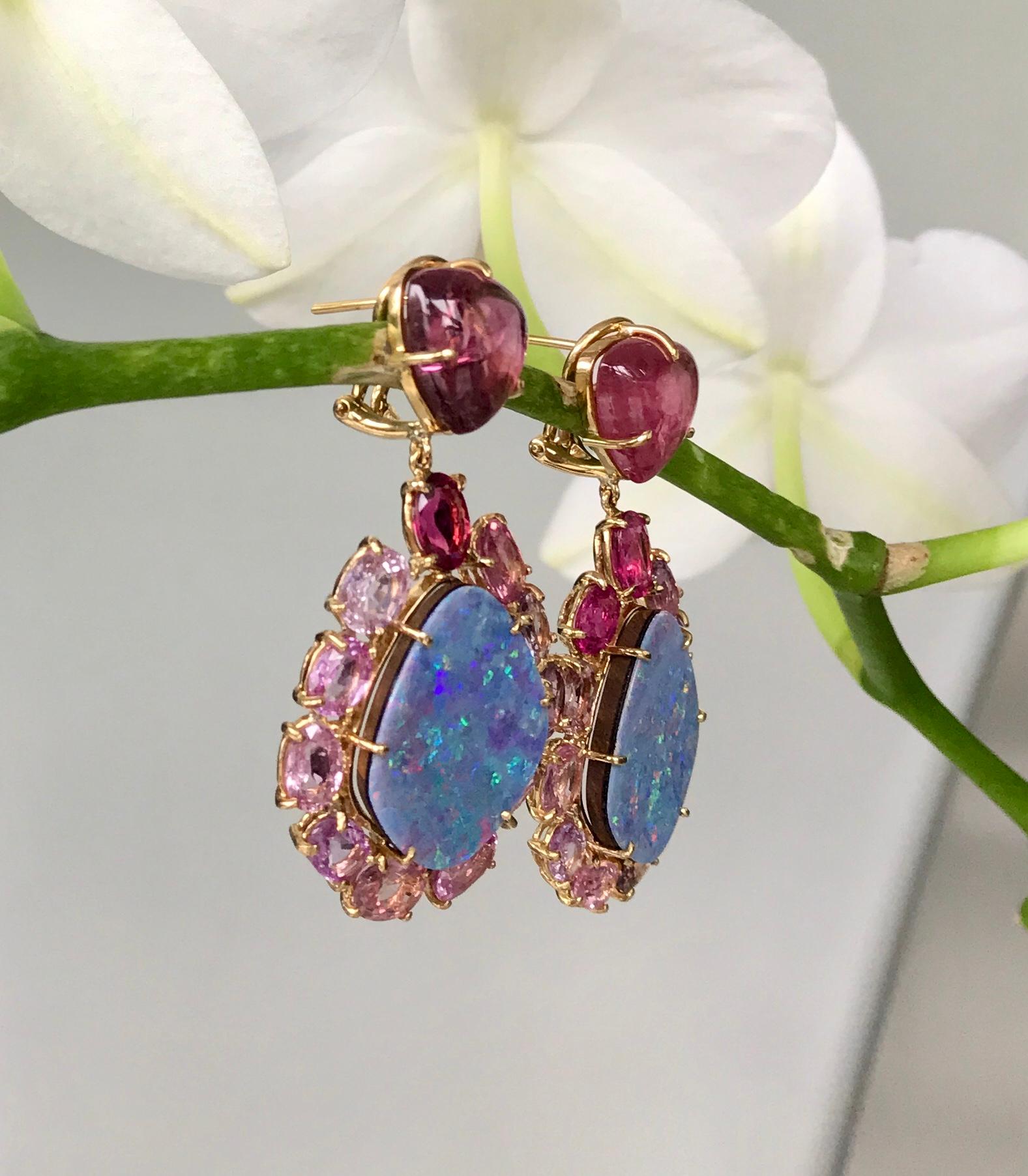 Contemporary 18 Karat Yellow Gold Boulder Opal Pink Sapphire Pink Tourmaline Drop Earrings For Sale