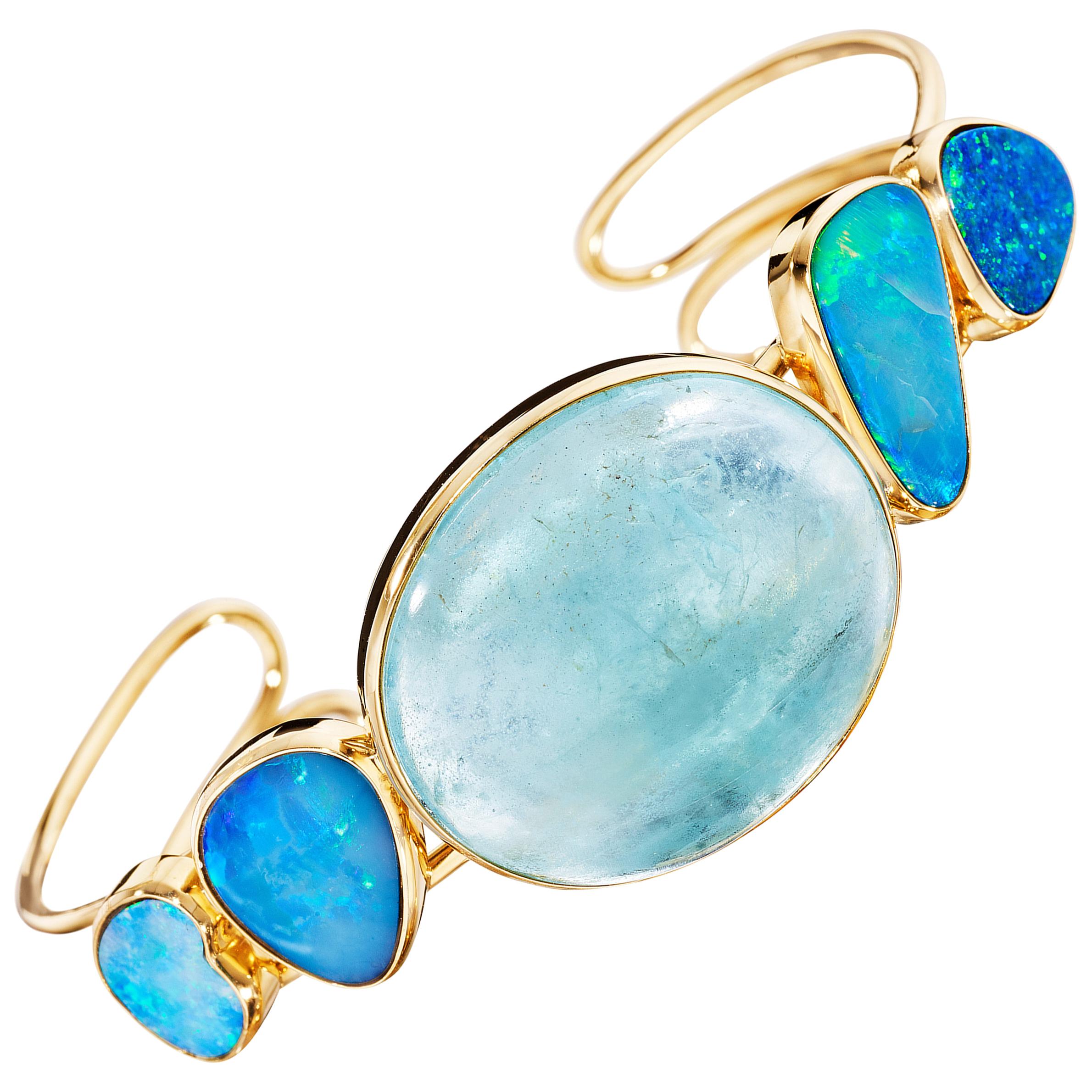 18 Karat Yellow Gold Cabochon Aquamarine Boulder Opal Cuff Bracelet For Sale