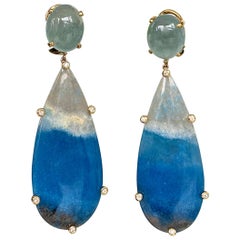 18 Karat Yellow Gold Cabochon Aquamarine Quartz Diamond Drop Dangle Earrings