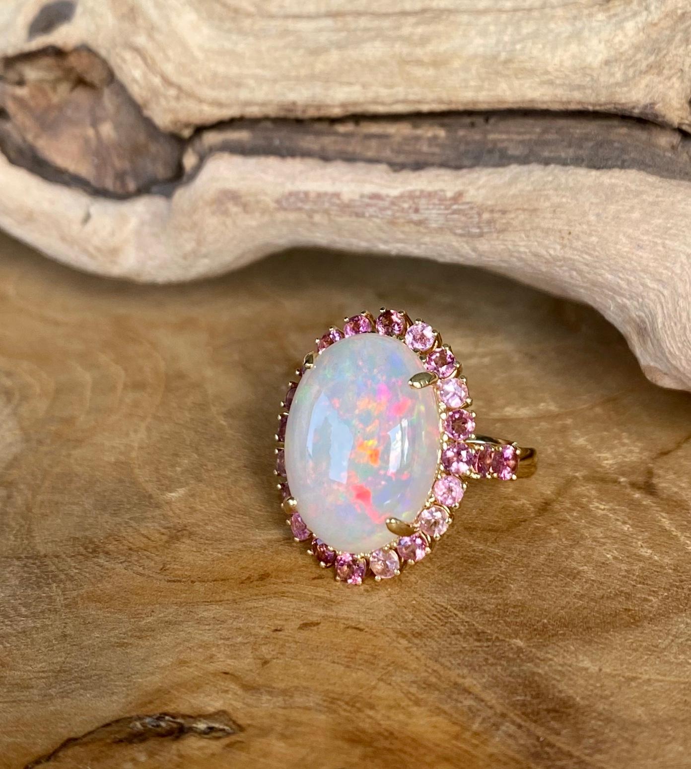 Mixed Cut Joon Han Cabochon Ethiopian Opal Pink Tourmaline 18 Karat Gold Cocktail Ring