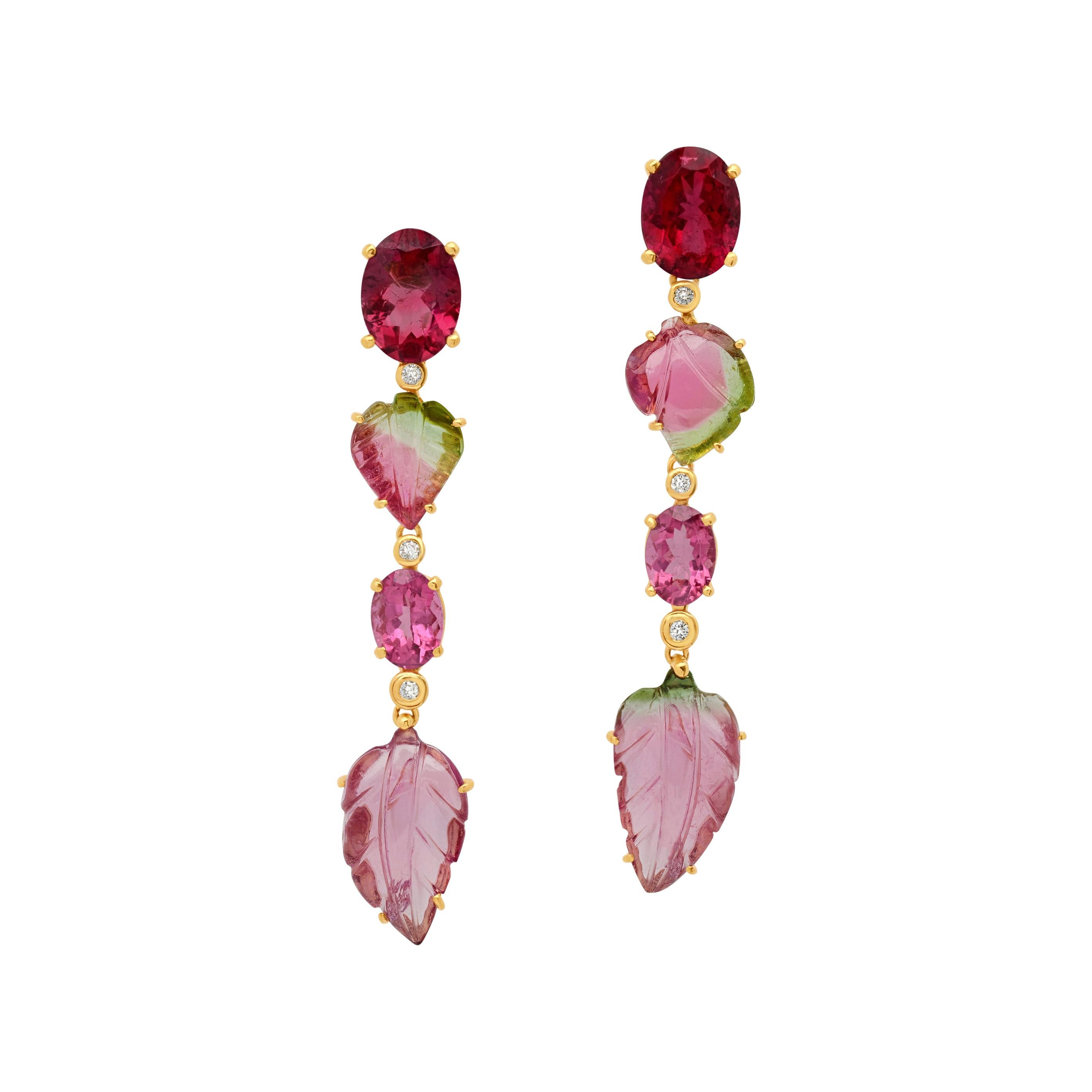 18 Karat Yellow Gold Carved Bicolor Pink Tourmaline Diamond Drop Dangle Earrings For Sale