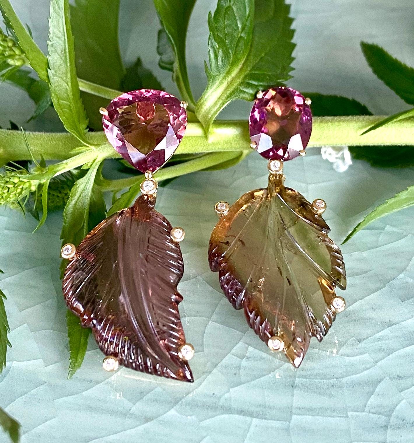 Dangle earrings of carved bicolor leaves, pink tourmalines and diamonds, handcrafted in 18 karat yellow gold.

These one-of-a-kind intricately carved leaf dangle earrings are part of Joon Han's Foliage Collection. So pretty worn, these uniquely