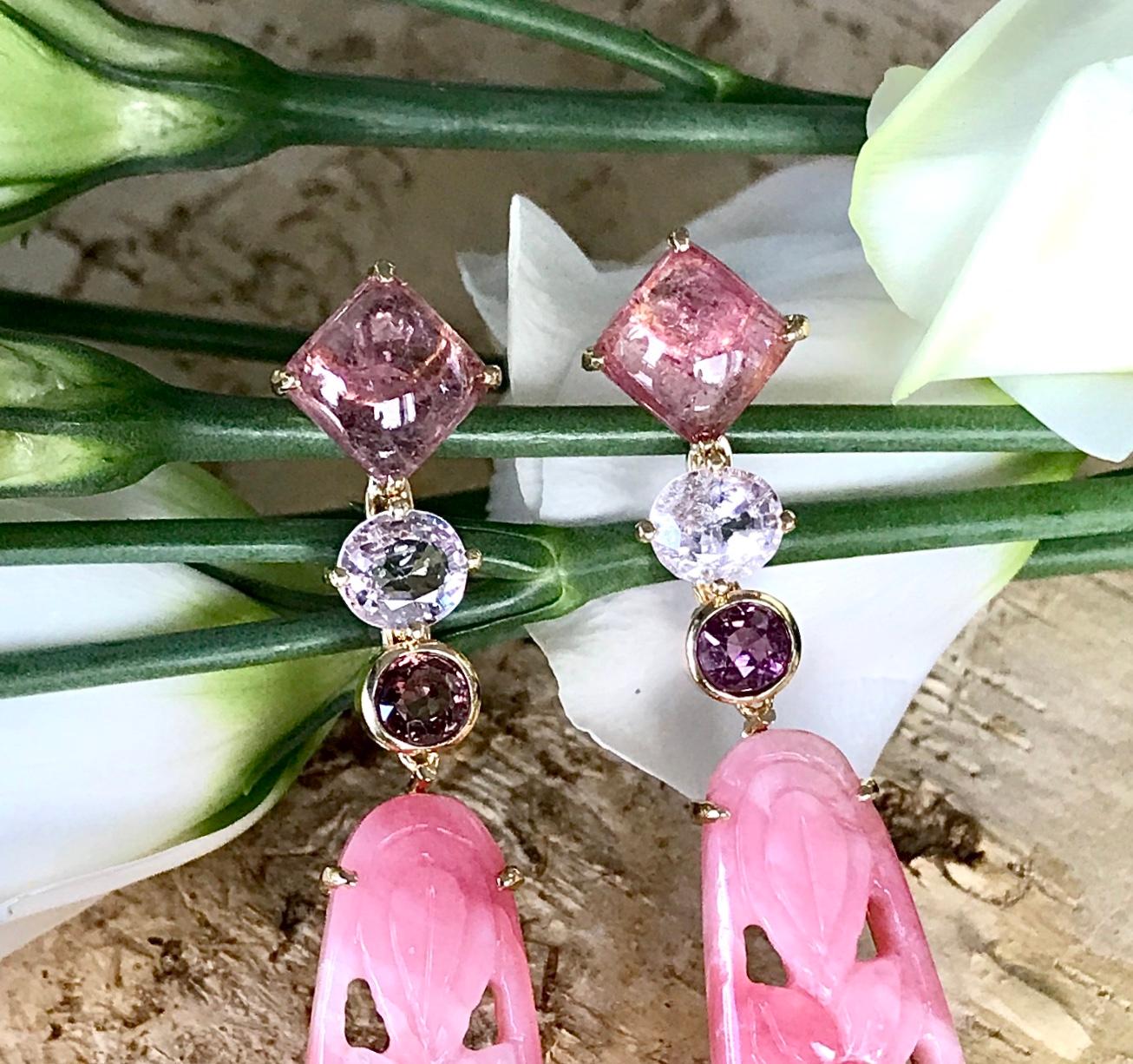 Contemporary 18 Karat Yellow Gold Carved Pink Opal Sapphire Tourmaline Drop Dangle Earrings For Sale