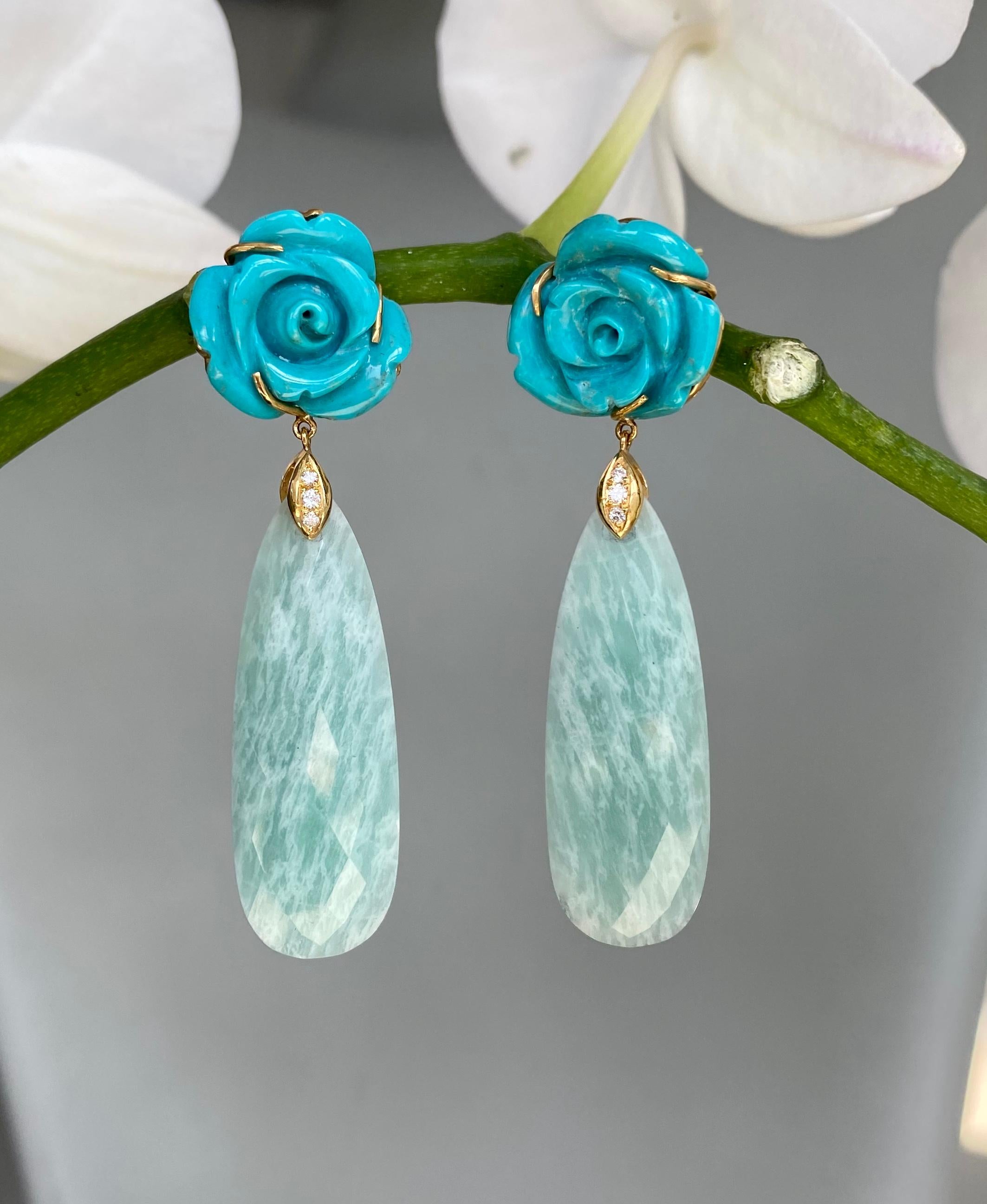 One-of-a-kind carved turquoise flowers, amazonites, and diamond dangle earrings bring a refreshing pop of bright colors into your spring and summer wardrobe. Handcrafted in 18 karat yellow gold. 2.36 inches or 60 mm length.

Carved flower gemstones