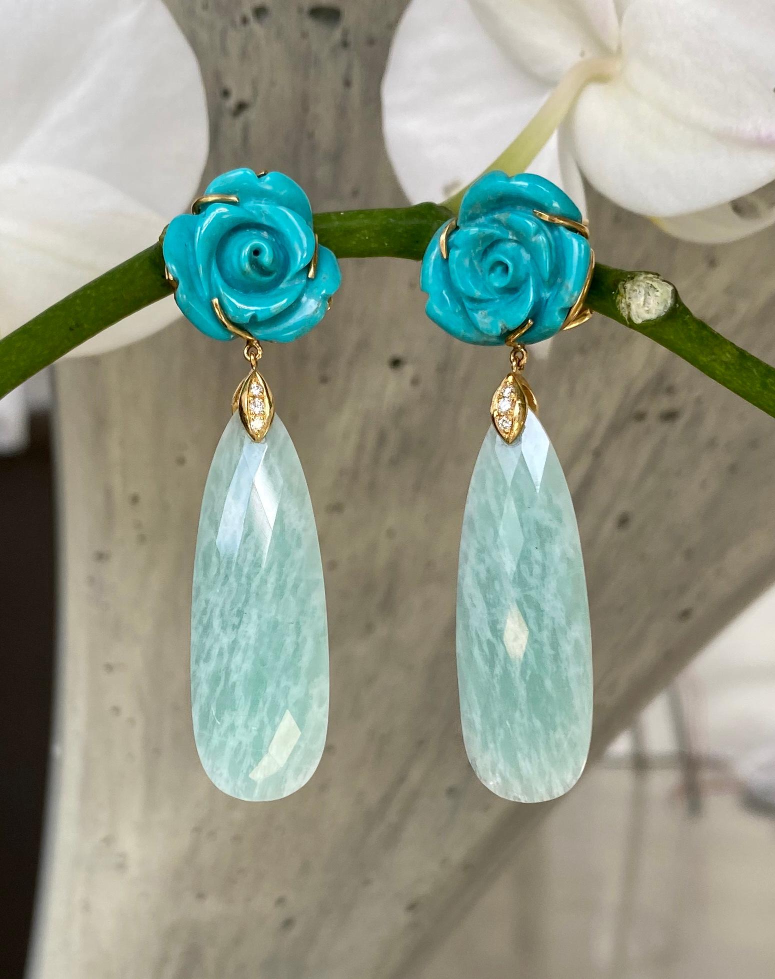 Contemporary 18 Karat Yellow Gold Carved Turquoise Flowers Amazonite Diamond Dangle Earrings