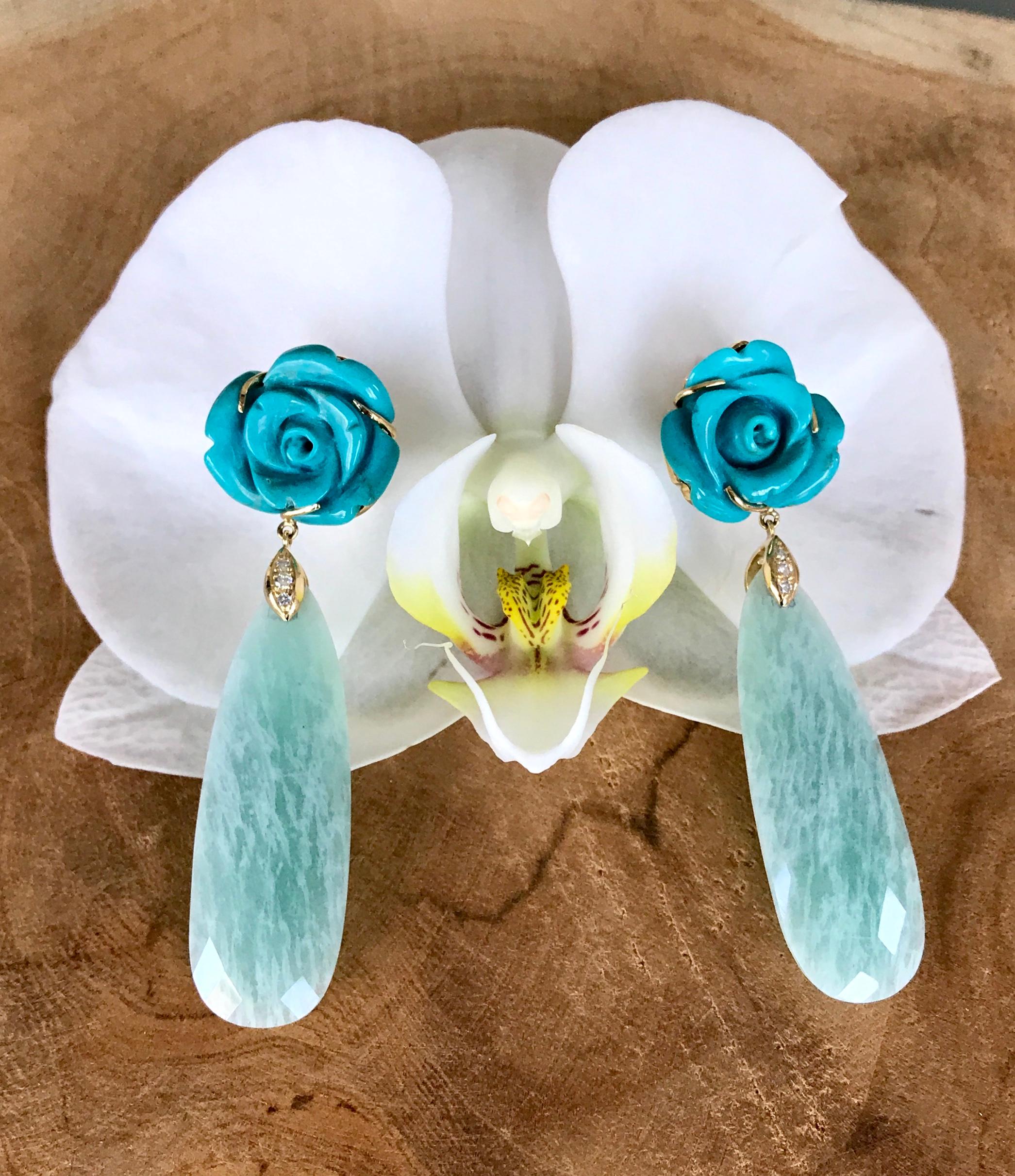 Women's 18 Karat Yellow Gold Carved Turquoise Flowers Amazonite Diamond Dangle Earrings