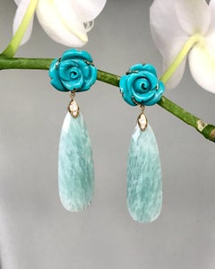 Joon Han Carved Turquoise Flowers Amazonite Diamond 18K Gold Dangle Earrings