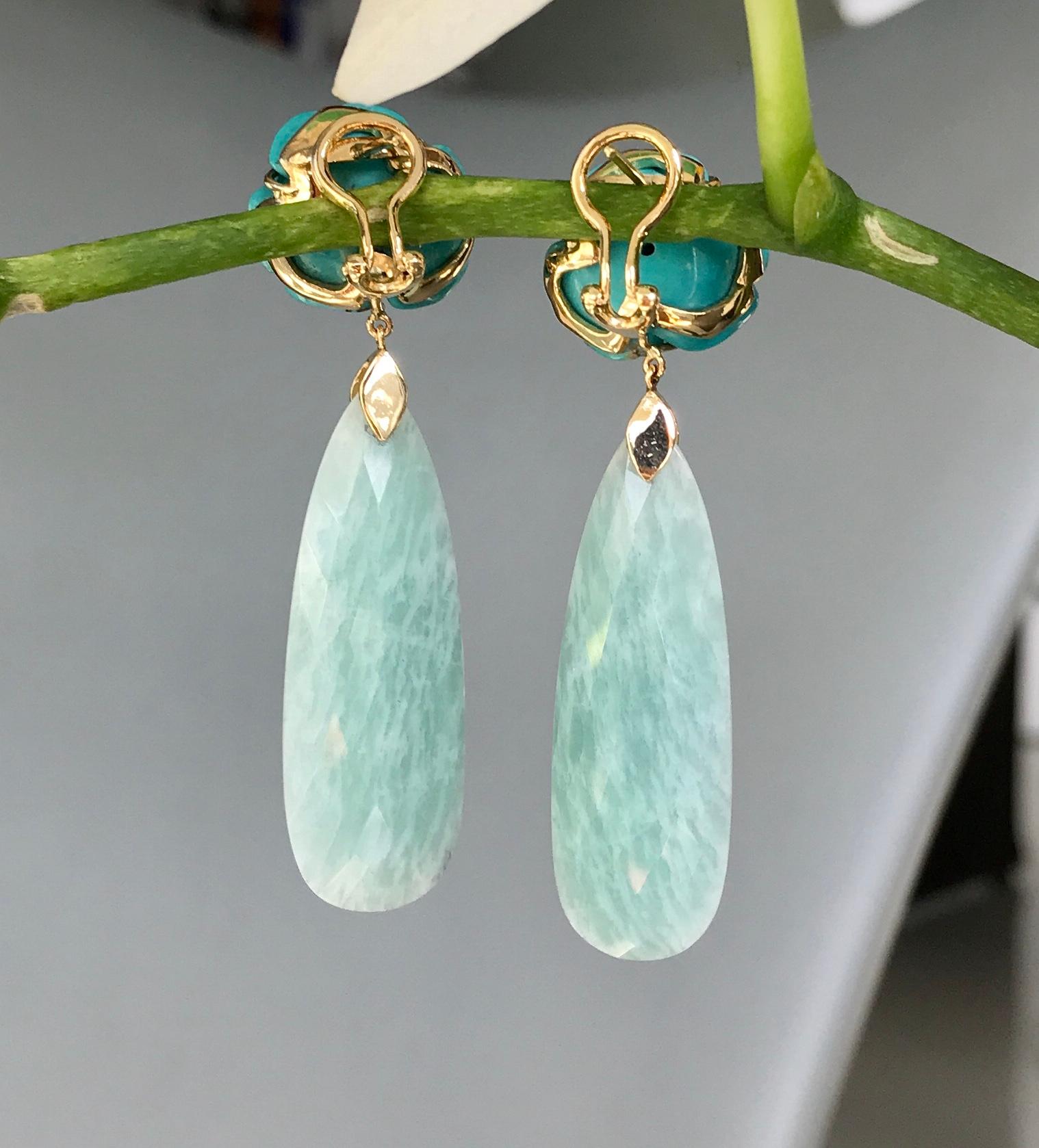 Contemporary Joon Han Carved Turquoise Flowers Amazonite Diamond 18K Gold Dangle Earrings For Sale