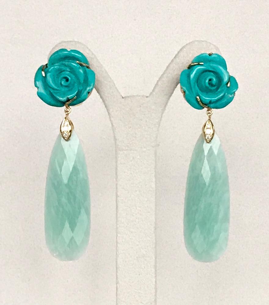 Joon Han Carved Turquoise Flowers Amazonite Diamond 18K Gold Dangle Earrings In New Condition For Sale In New York, NY
