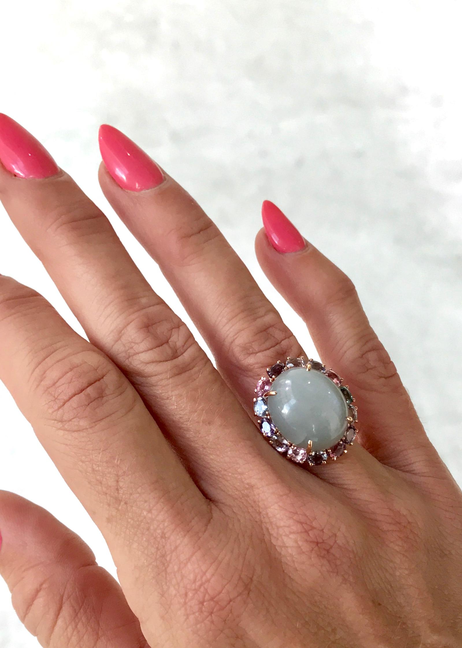 Contemporary 18 Karat Rose Gold Cats Eye Cabochon Moonstone Spinel Cocktail Ring