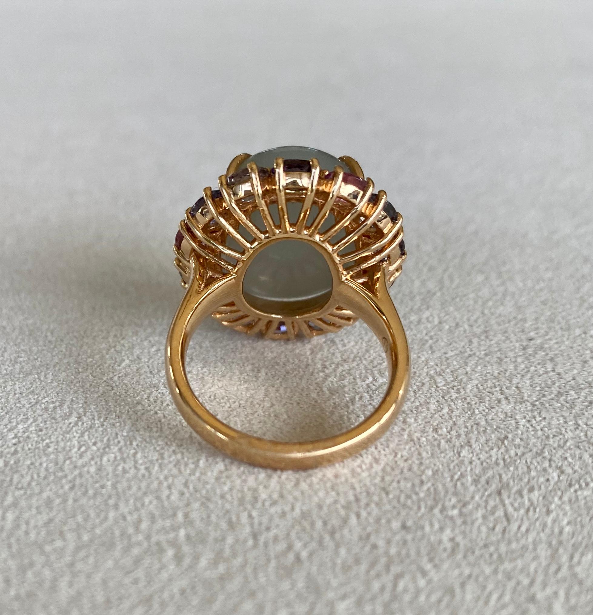 18 Karat Rose Gold Cats Eye Cabochon Moonstone Spinel Cocktail Ring In New Condition In New York, NY