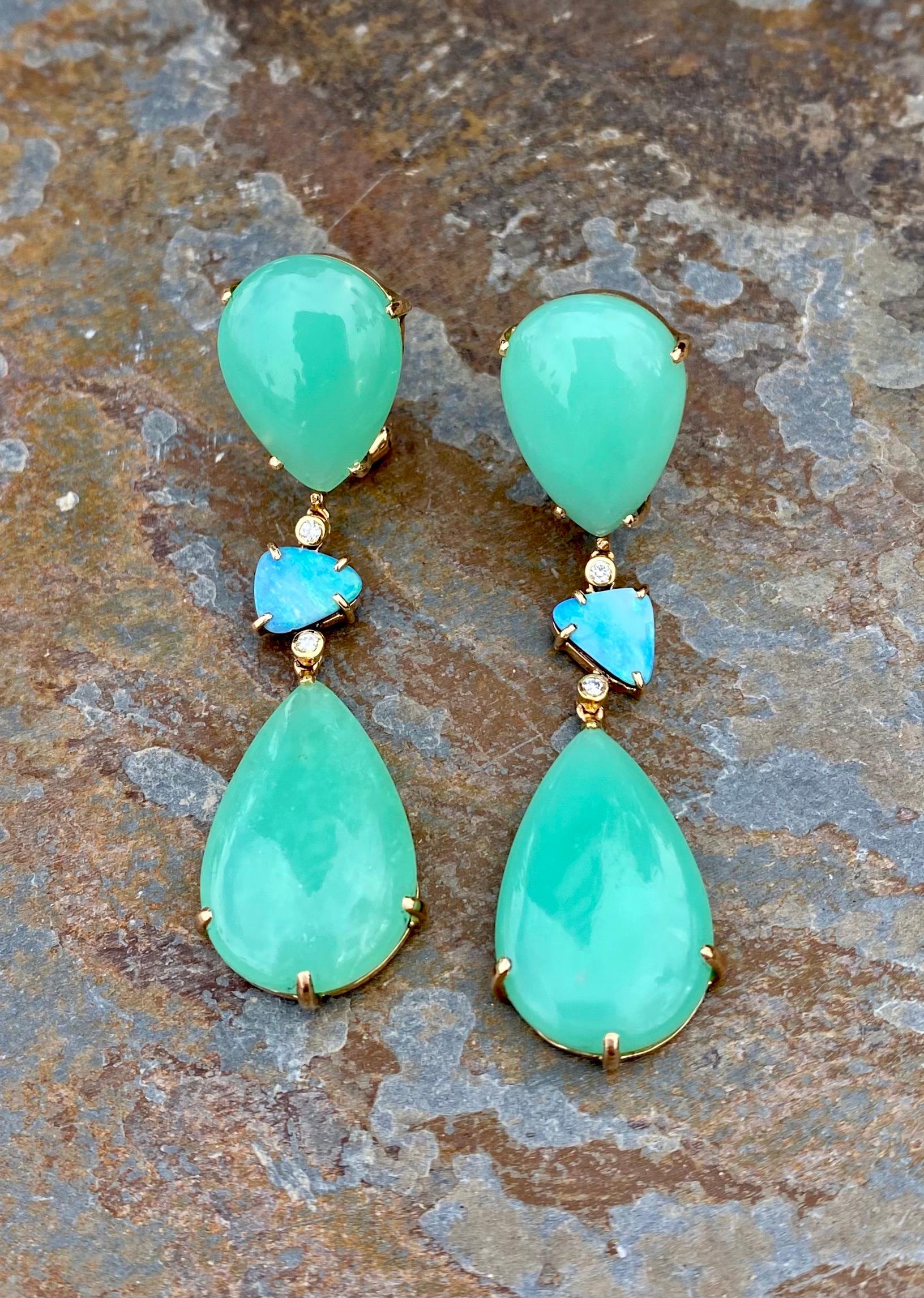 Contemporary 18 Karat Yellow Gold Chrysoprase Boulder Opal Diamond Drop Dangle Earrings For Sale