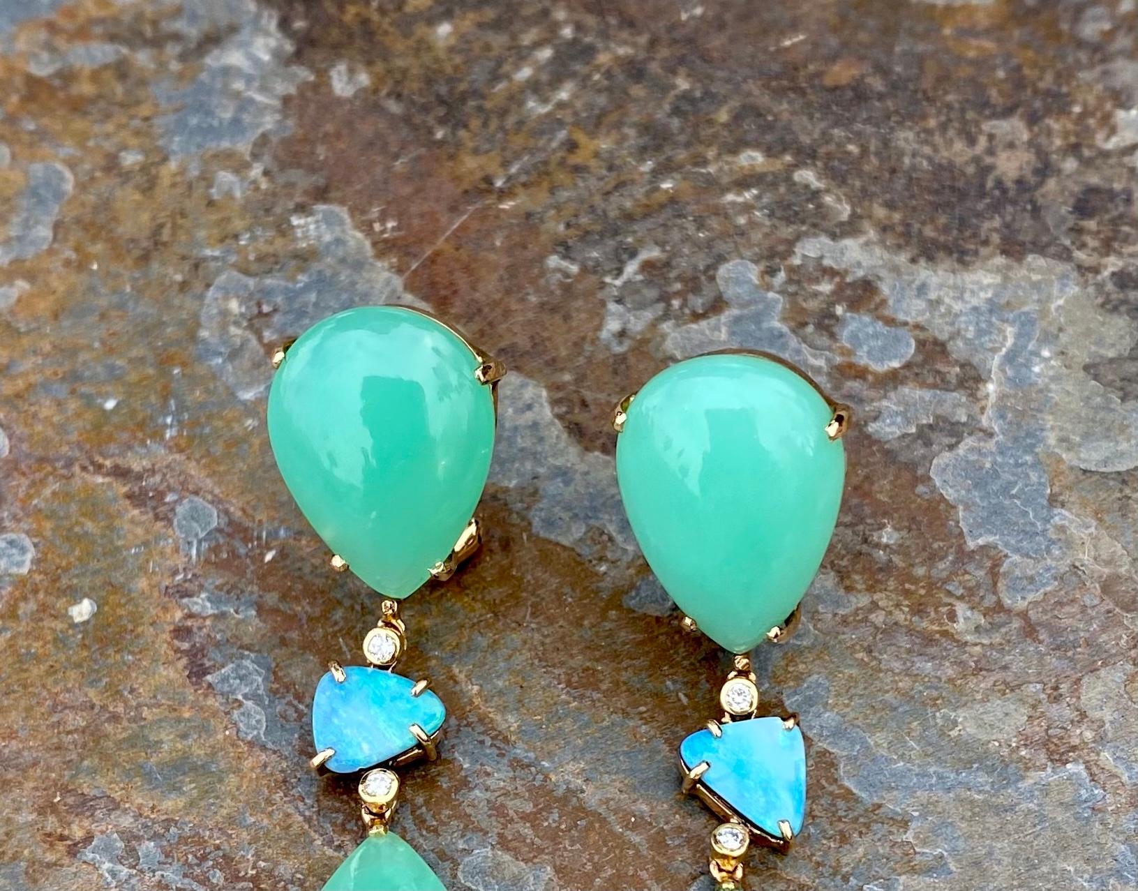Women's 18 Karat Yellow Gold Chrysoprase Boulder Opal Diamond Drop Dangle Earrings For Sale