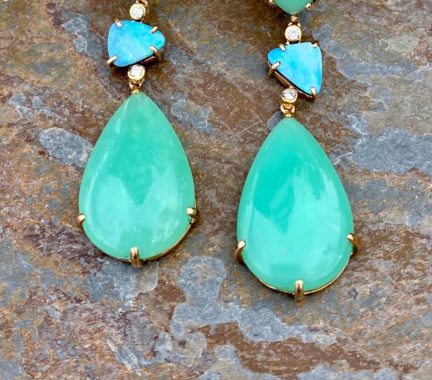 18 Karat Yellow Gold Chrysoprase Boulder Opal Diamond Drop Dangle Earrings For Sale 1