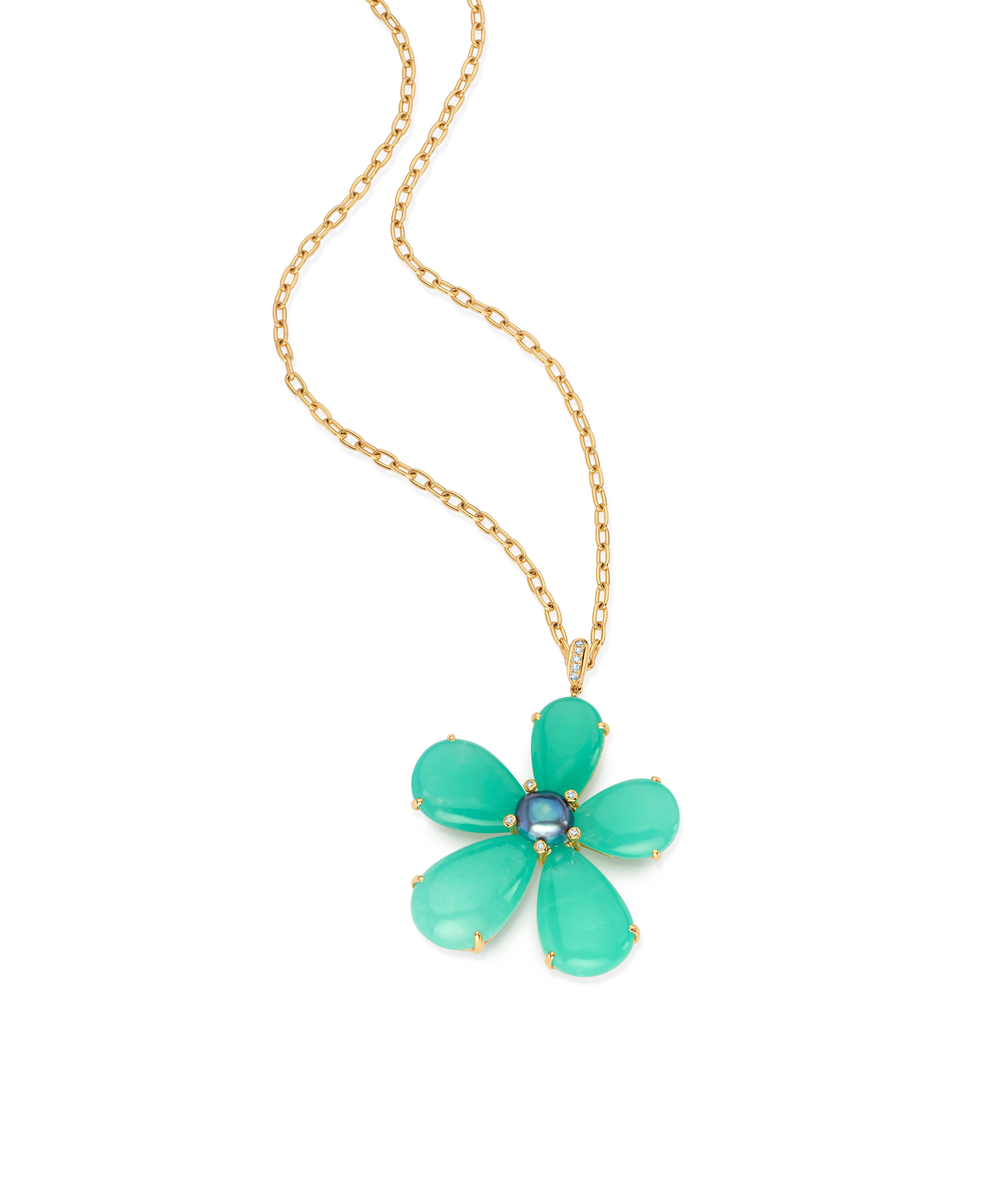 Joon Han Chrysoprase Keshi Pearl Diamond 18 Karat Gold Flower Pendant Necklace In New Condition In New York, NY