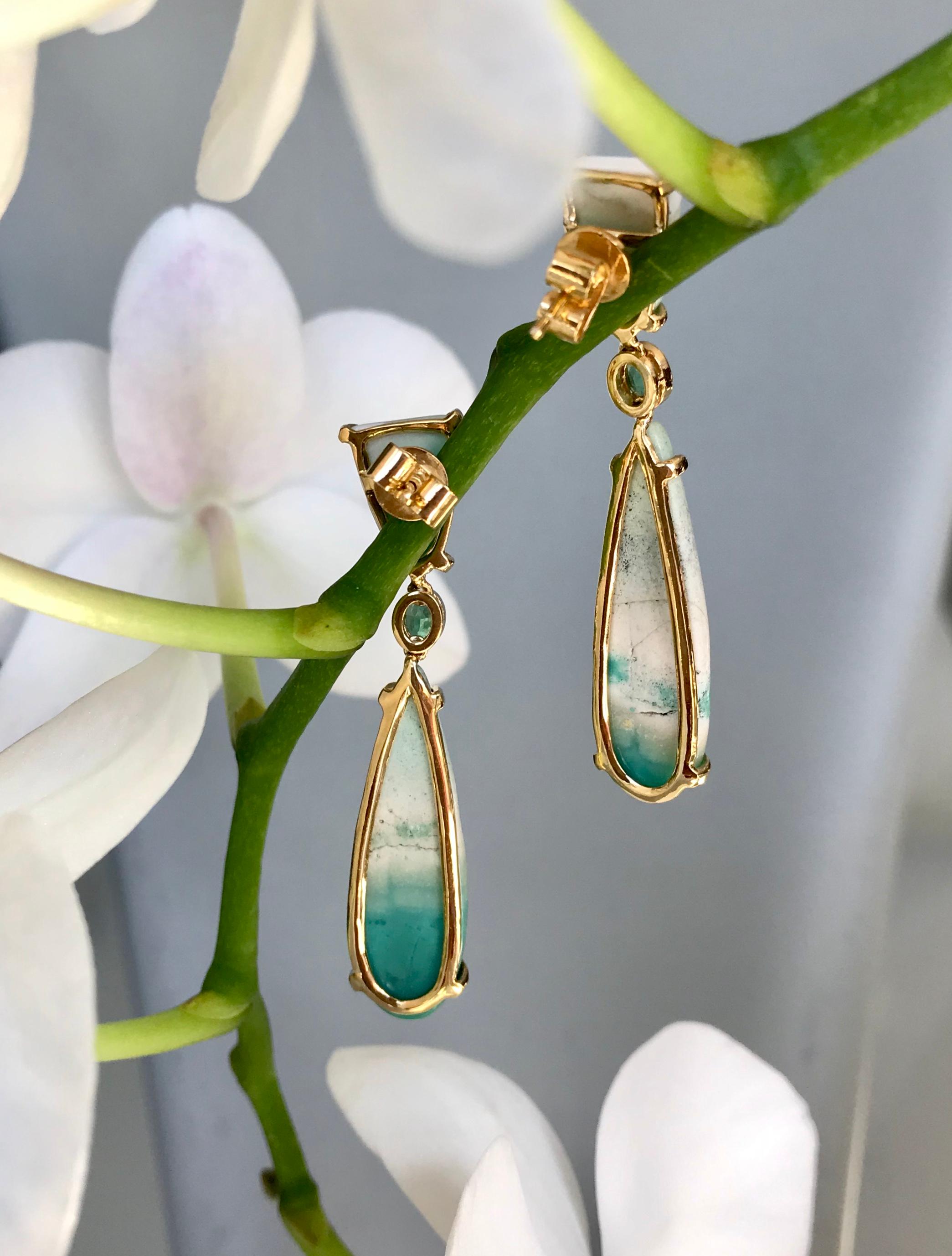 Emerald Opalized Petrified Wood 18 Karat Gold Drop Dangle Earrings For Sale 1