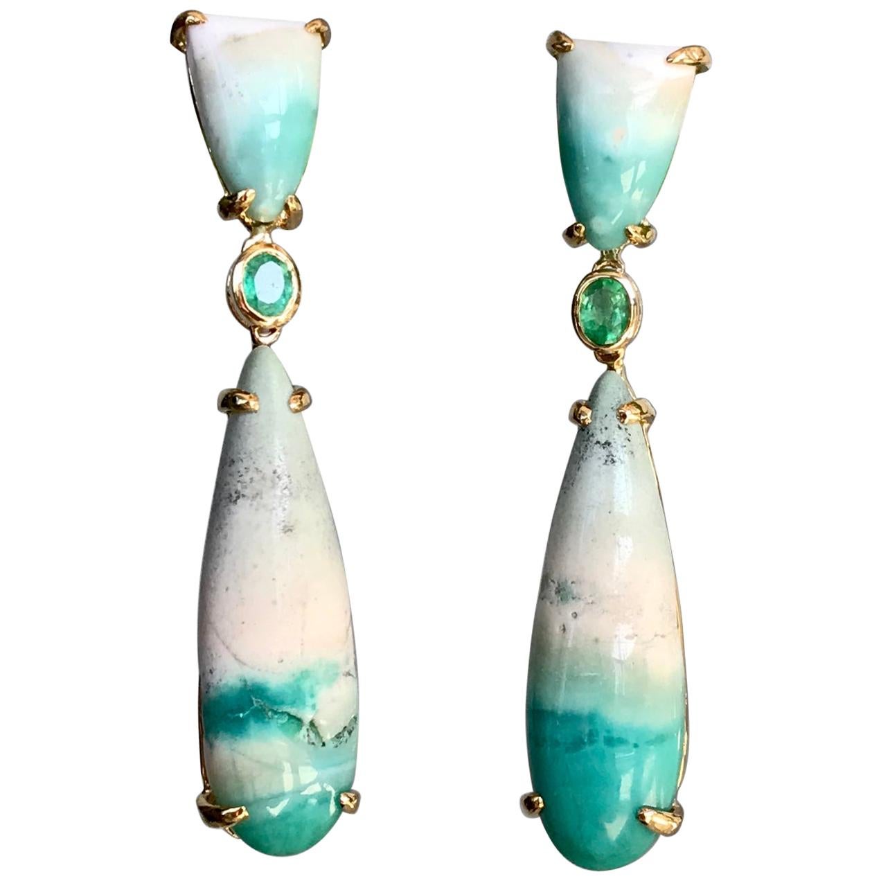 Emerald Opalized Petrified Wood 18 Karat Gold Drop Dangle Earrings For Sale