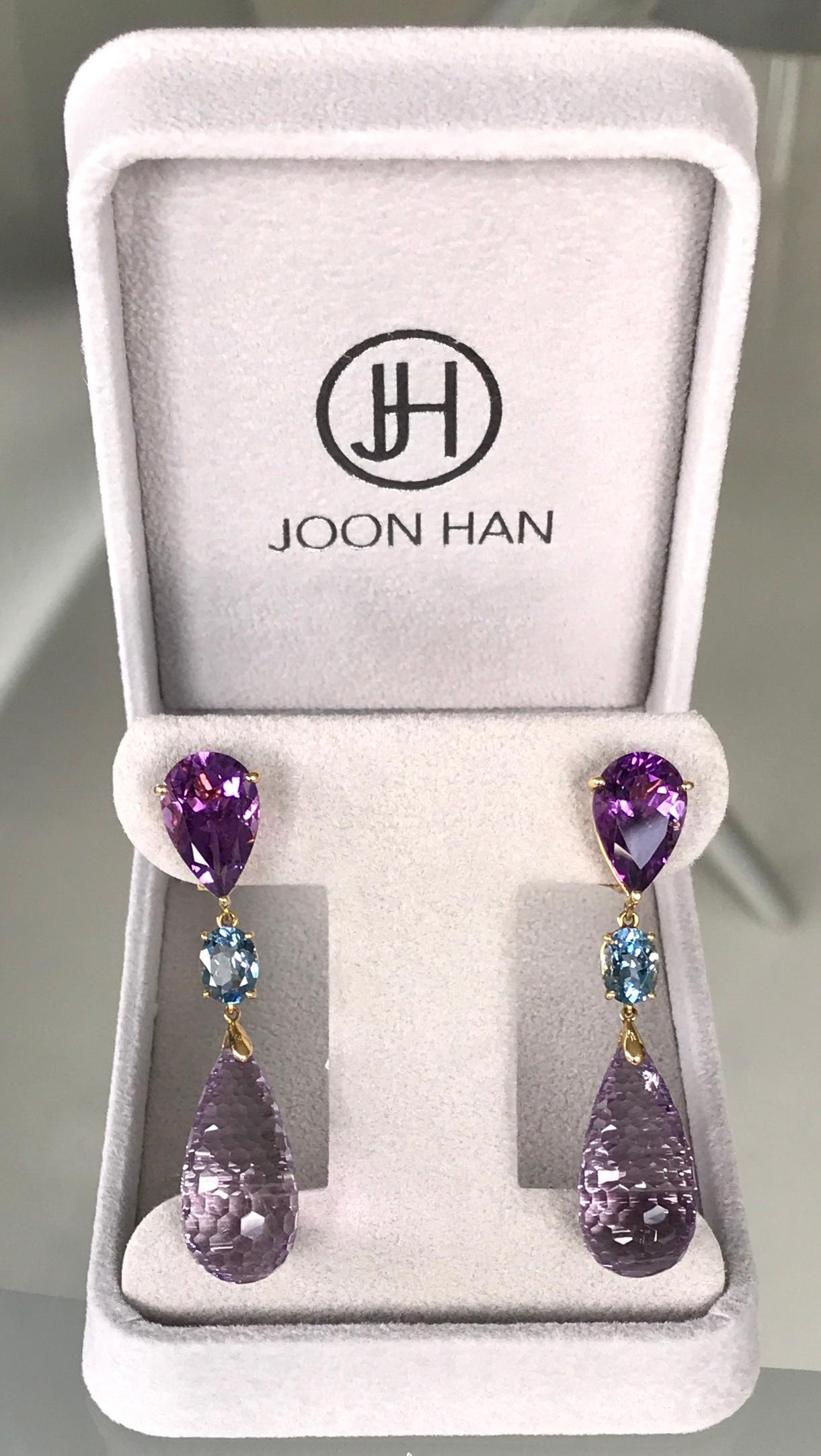 Women's or Men's Joon Han Fancy Briolette Cut Amethyst Aquamarine 18K Gold Drop Dangle Earrings For Sale