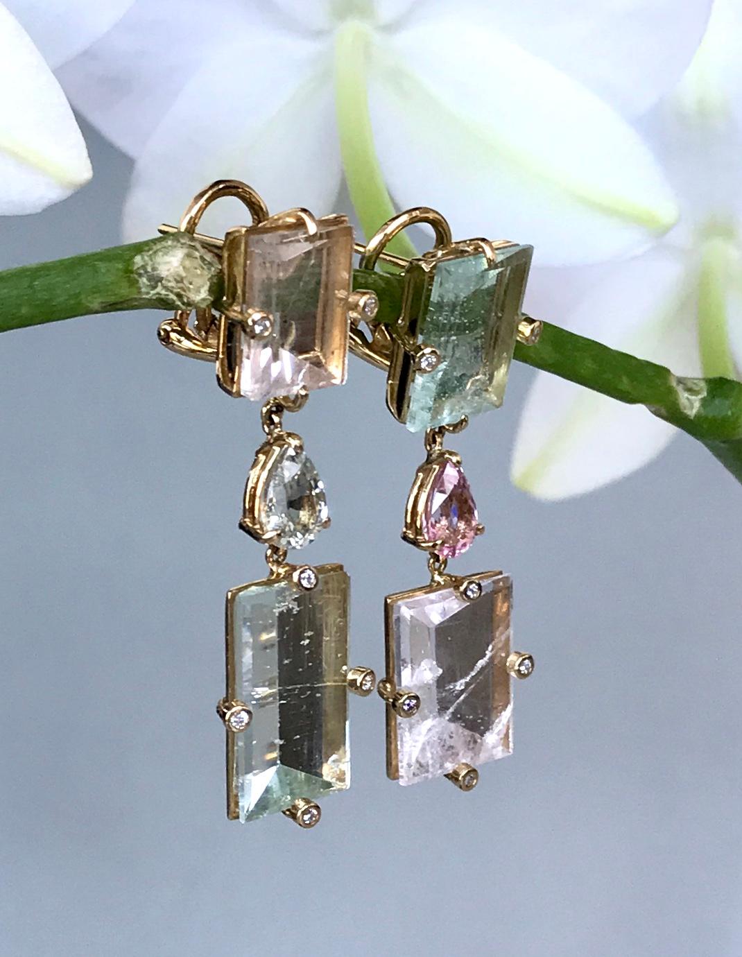 Women's or Men's Joon Han Fancy Mirror Cut Beryl Morganite Sapphire Diamond 18K Gold Drop Earring For Sale