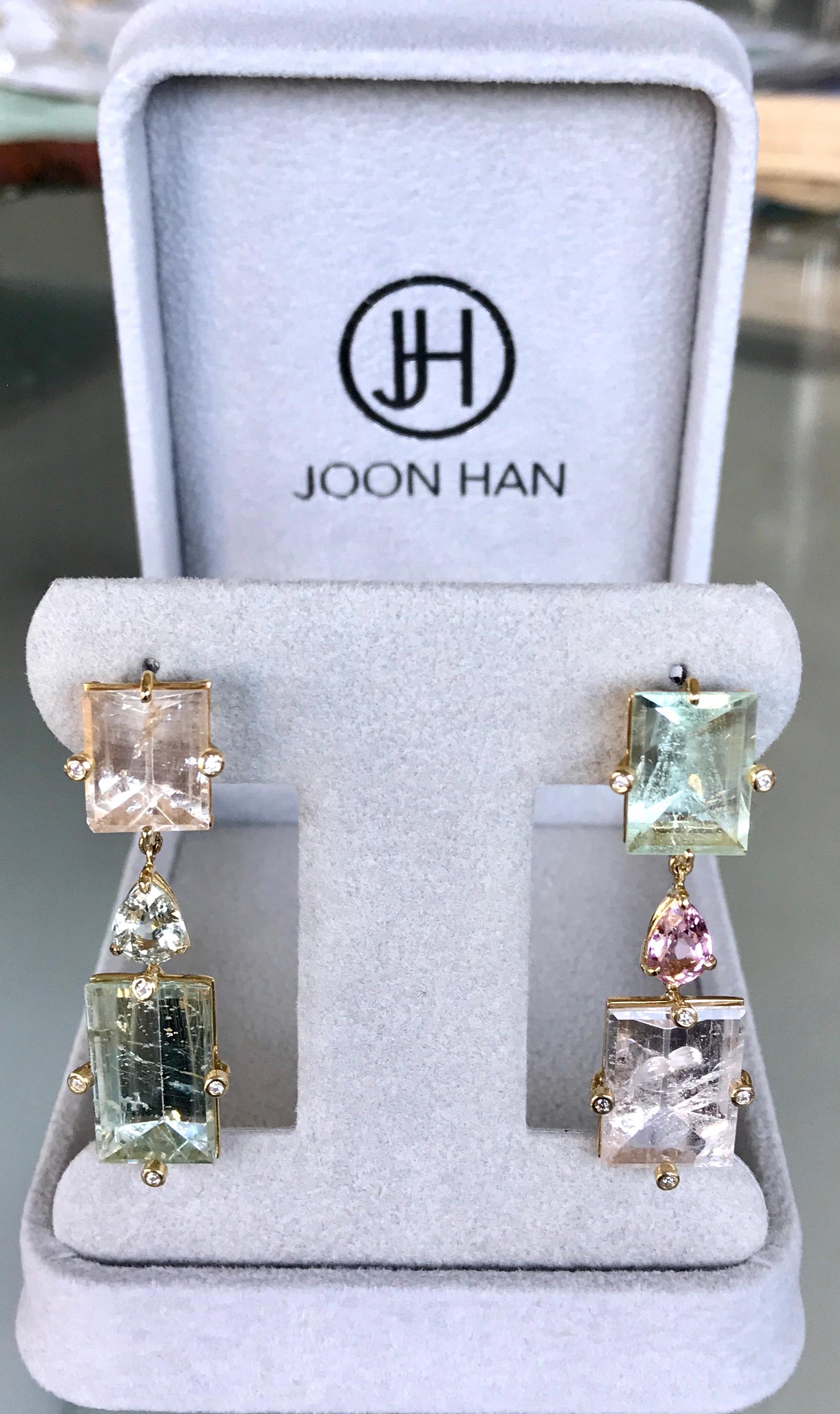 Joon Han Fancy Mirror Cut Beryl Morganite Sapphire Diamond 18K Gold Drop Earring For Sale 2