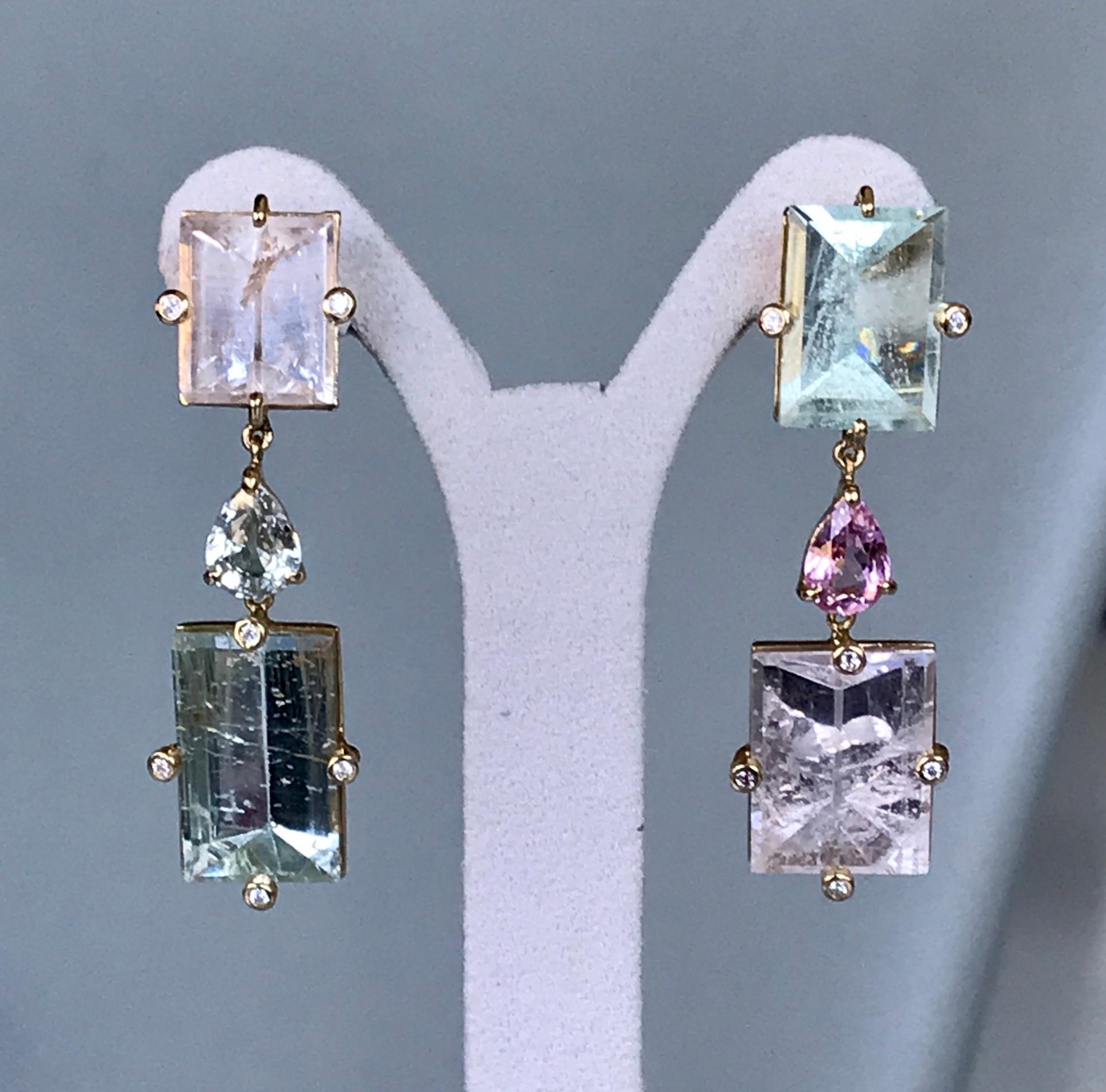 Joon Han Fancy Mirror Cut Beryl Morganite Sapphire Diamond 18K Gold Drop Earring For Sale 3