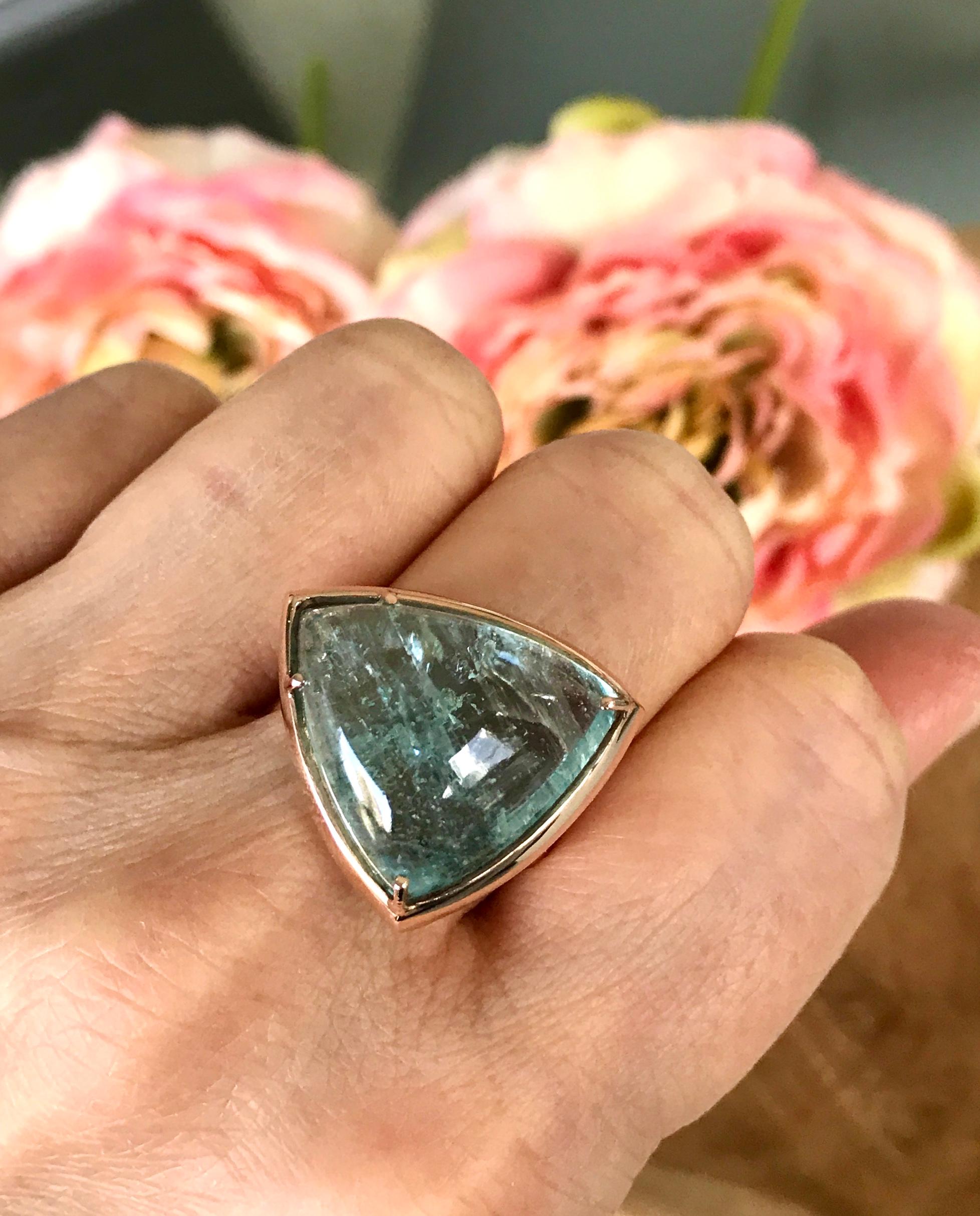 18 Karat Rose Gold Fancy Shaped Cabochon Aquamarine Cocktail Ring For Sale 8