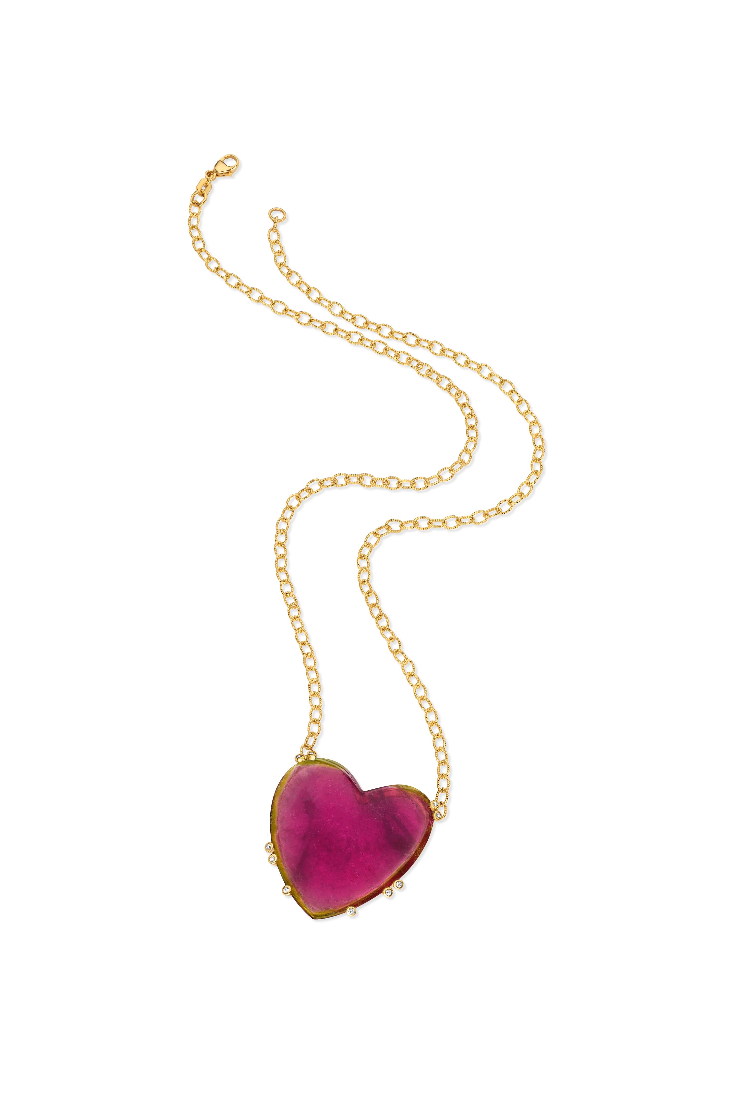 Contemporary 18 Karat Yellow Gold Watermelon Tourmaline Heart Diamond Pendant Necklace