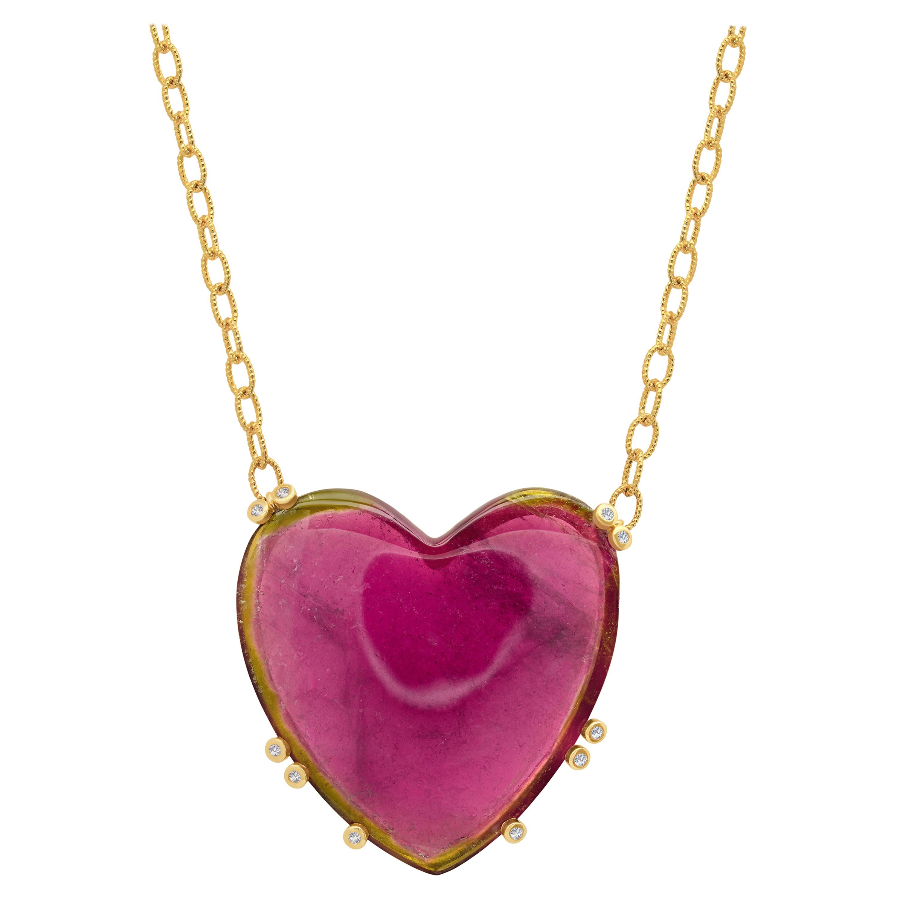 18 Karat Yellow Gold Watermelon Tourmaline Heart Diamond Pendant Necklace