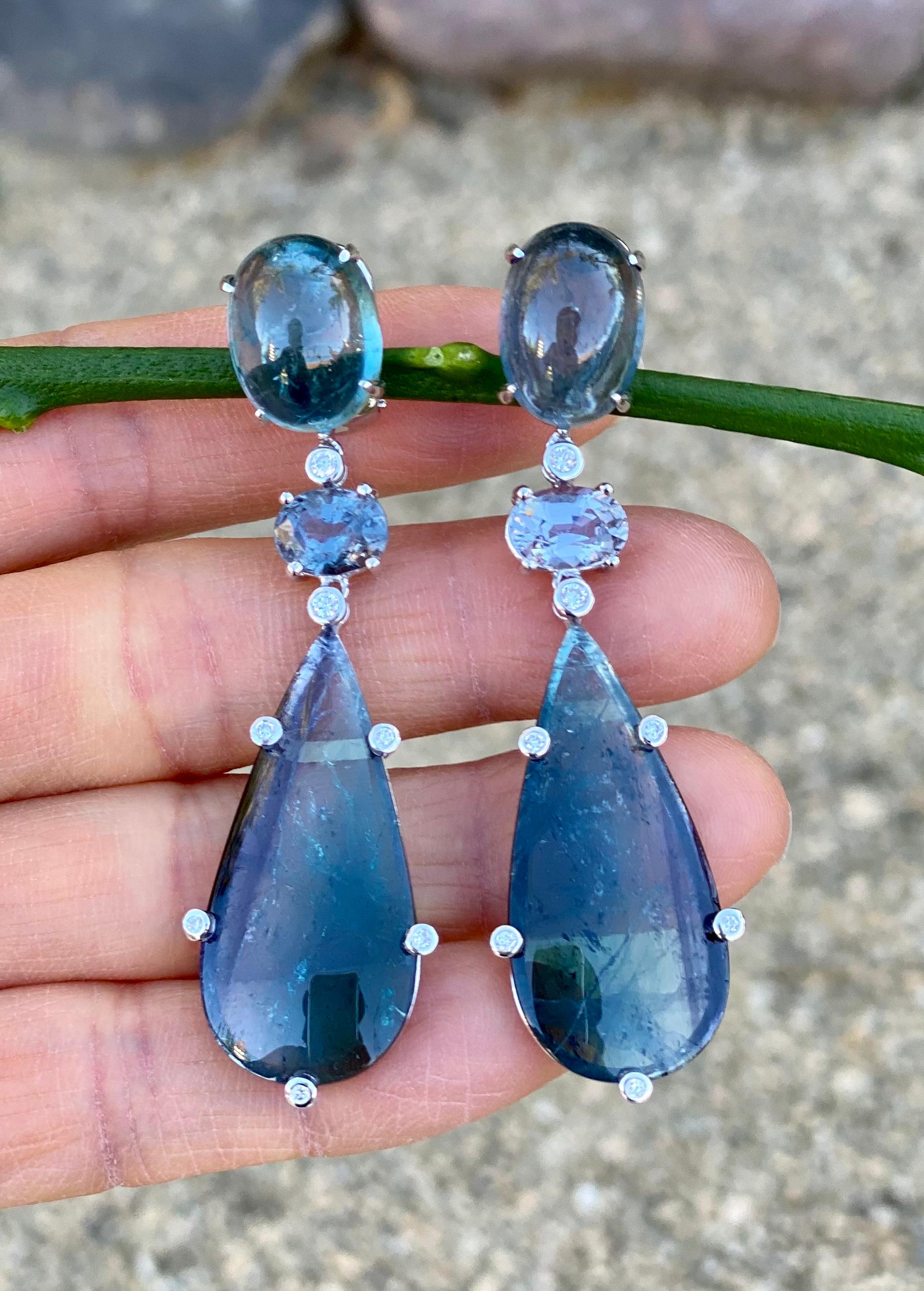 Contemporary 18 Karat White Gold Indicolite Bicolor Tourmaline Spinel Diamond Drop Earrings For Sale