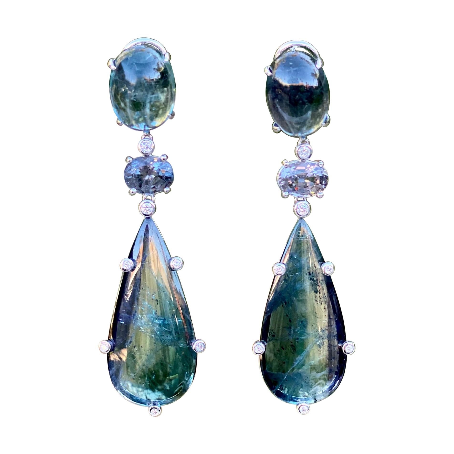 18 Karat White Gold Indicolite Bicolor Tourmaline Spinel Diamond Drop Earrings