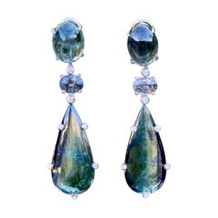 Boucles d'oreilles en goutte en or blanc 18 carats, tourmaline indicolite bicolore, spinelle et diamant