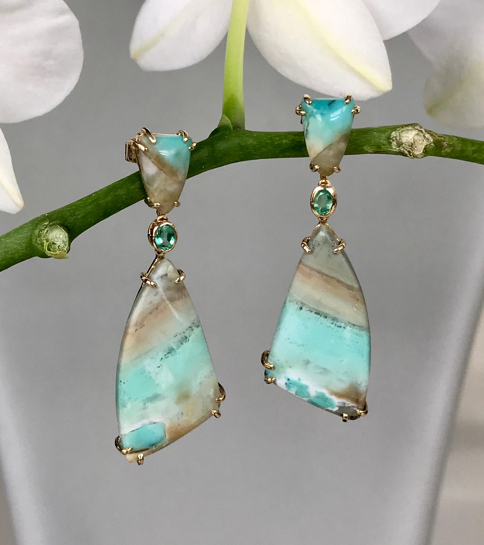 Joon Han Indonesian Opalized Petrified Wood Emerald 18K Gold Drop Earrings In New Condition For Sale In New York, NY