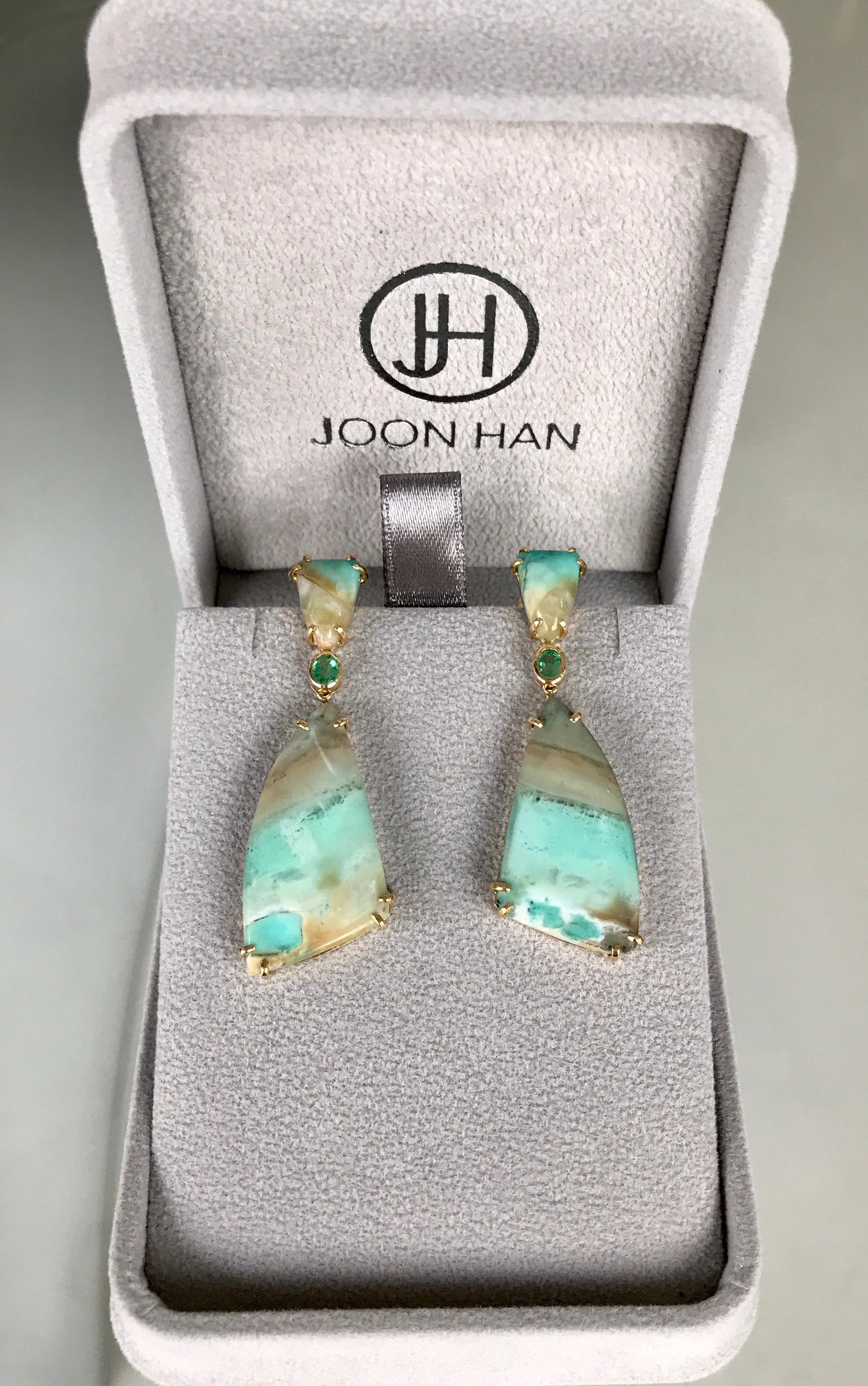 Joon Han Indonesian Opalized Petrified Wood Emerald 18K Gold Drop Earrings For Sale 1