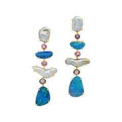 Pendants d'oreilles en goutte en or jaune 18 carats avec perles Keshi, opale de roche et spinelle