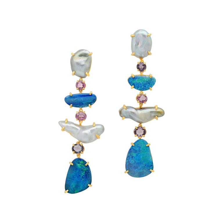 18 Karat Yellow Gold Keshi Pearl Boulder Opal Spinel Drop Dangle Earrings For Sale