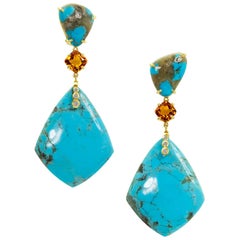 Joon Han Kingman Turquoise Golden Citrine Diamond 18K Gold Drop Dangle Earrings