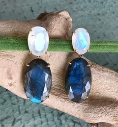 Joon Han Labradorite Rainbow Moonstone 18 Karat Yellow Gold Drop Dangle Earrings