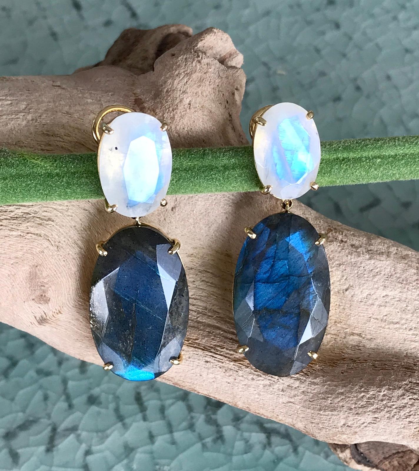 Joon Han one-of-a-kind Madagascar labradorite and rainbow moonstone drop dangle earrings are simple yet add beautiful colors with the magical changing hues of the gemstones. The intensely rich and deep bluish hues of these amazing top quality