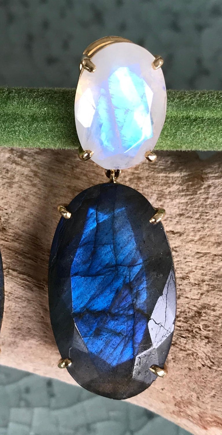 •RAINBOW MOONSTONE + LABRADORITE - DOT DOT DASH• silver dangle earrings
