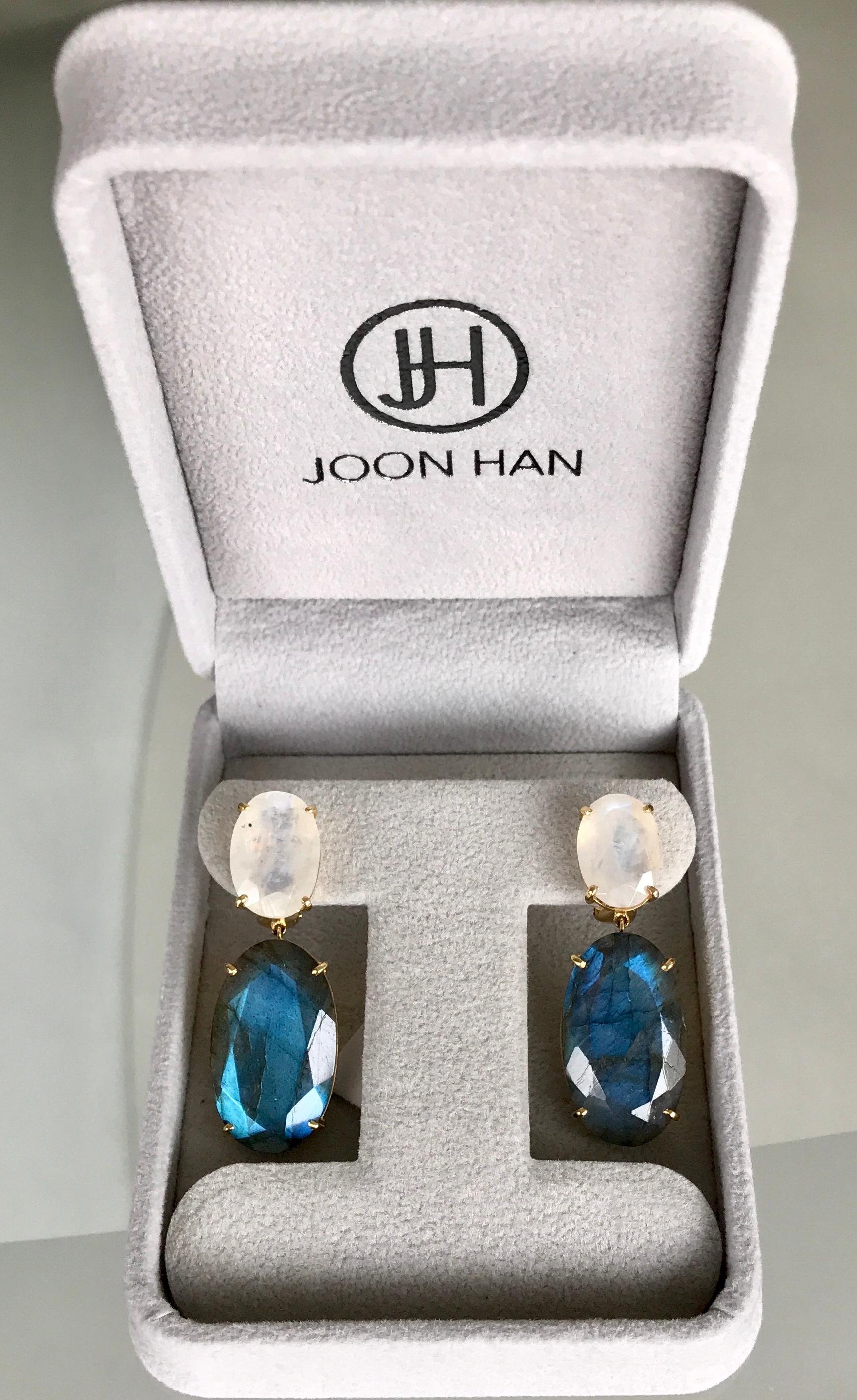 Joon Han Labradorite Rainbow Moonstone 18K Yellow Gold Drop Dangle Earrings For Sale 3