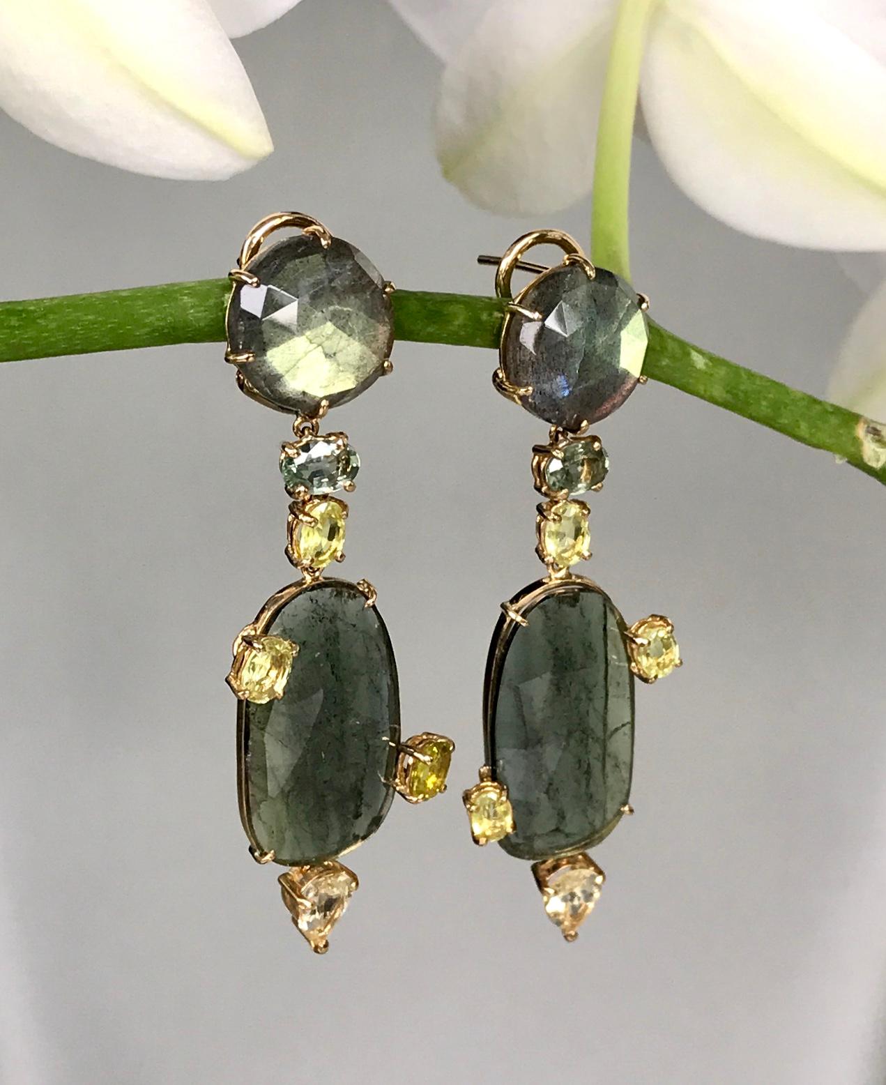 Joon Han Labradorite Tourmaline Sapphire Chrysoberyl 18 Karat Gold Drop Earrings In New Condition For Sale In New York, NY