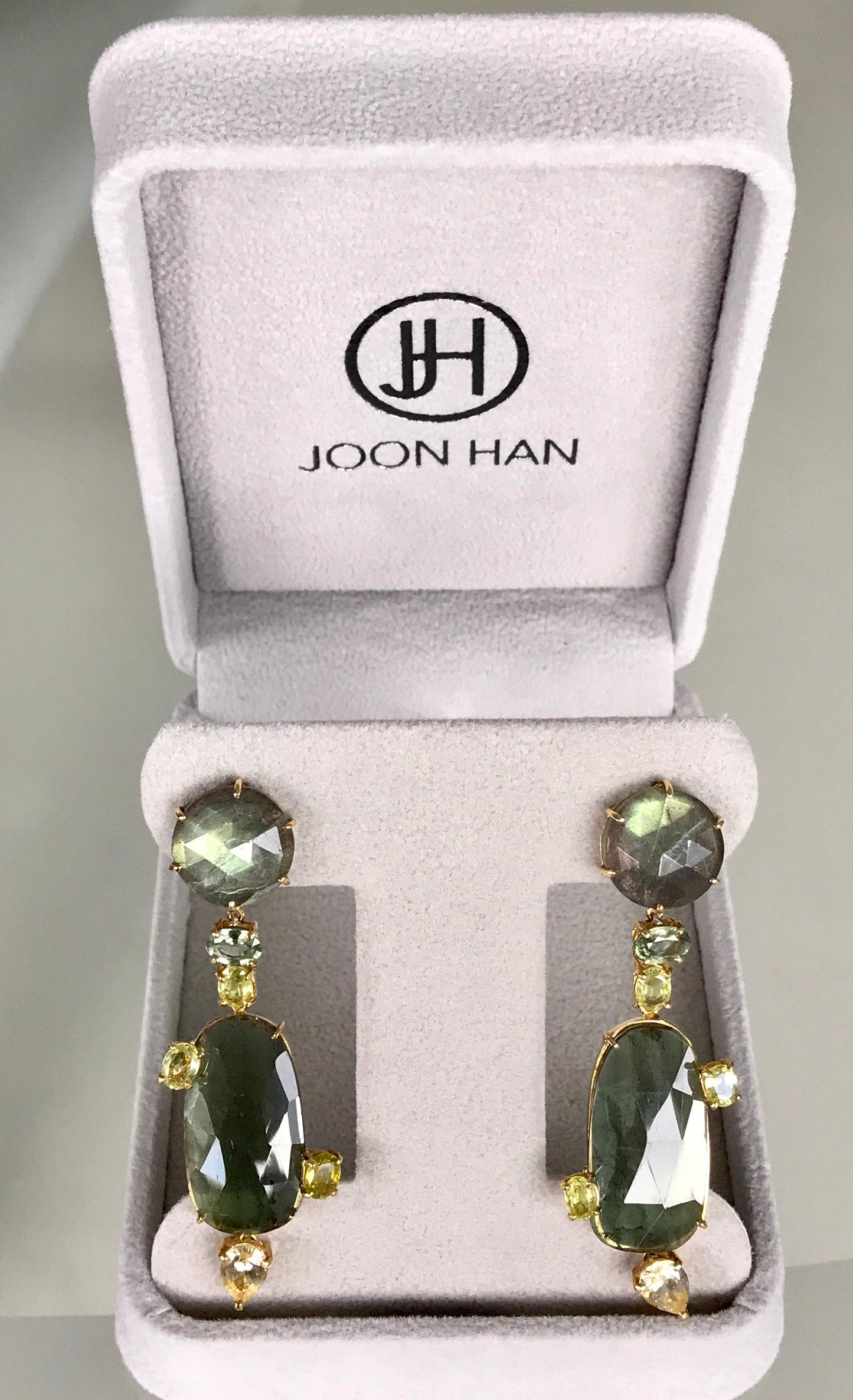 Joon Han Labradorite Tourmaline Sapphire Chrysoberyl 18 Karat Gold Drop Earrings For Sale 3