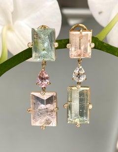 18 Karat Gelbgold Spiegelschliff Beryll Morganit Saphir Diamant-Tropfen-Ohrringe