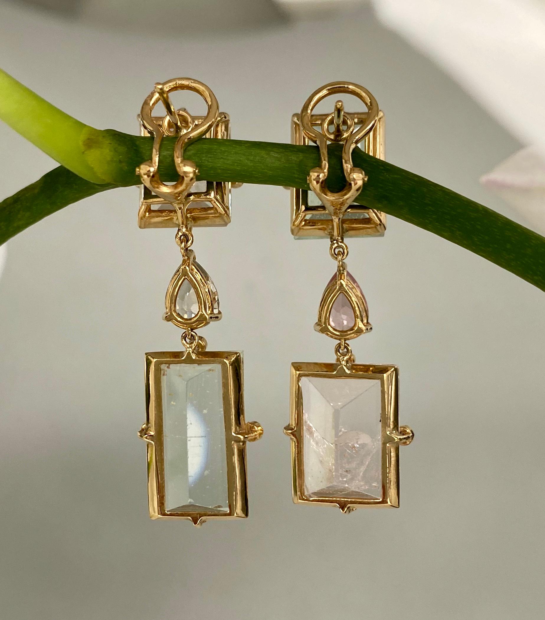 18 Karat Yellow Gold Mirror Cut Beryl Morganite Sapphire Diamond Drop Earrings For Sale 1