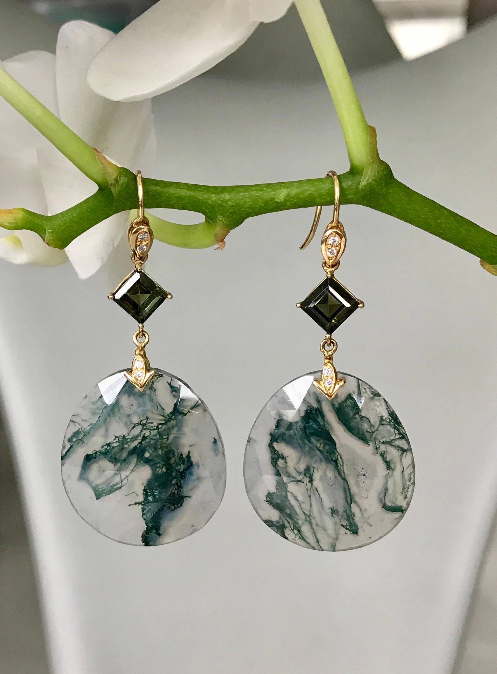 One-of-a-kind dangle earrings with moss agates, green tourmalines and diamonds, handcrafted in 18 karat yellow gold.

These simply pretty earrings are like a beautiful canvas depicting natural moss in rose cut agate gemstones. Set simply with green