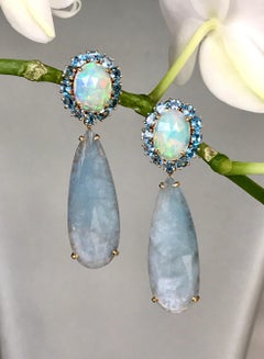Joon Han Opal Rose Cut Aquamarine Blue Topaz 18K Gold Drop Dangle Earrings