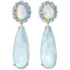 Joon Han Opal Rose Cut Aquamarine Blue Topaz 18K Gold Drop Dangle Earrings