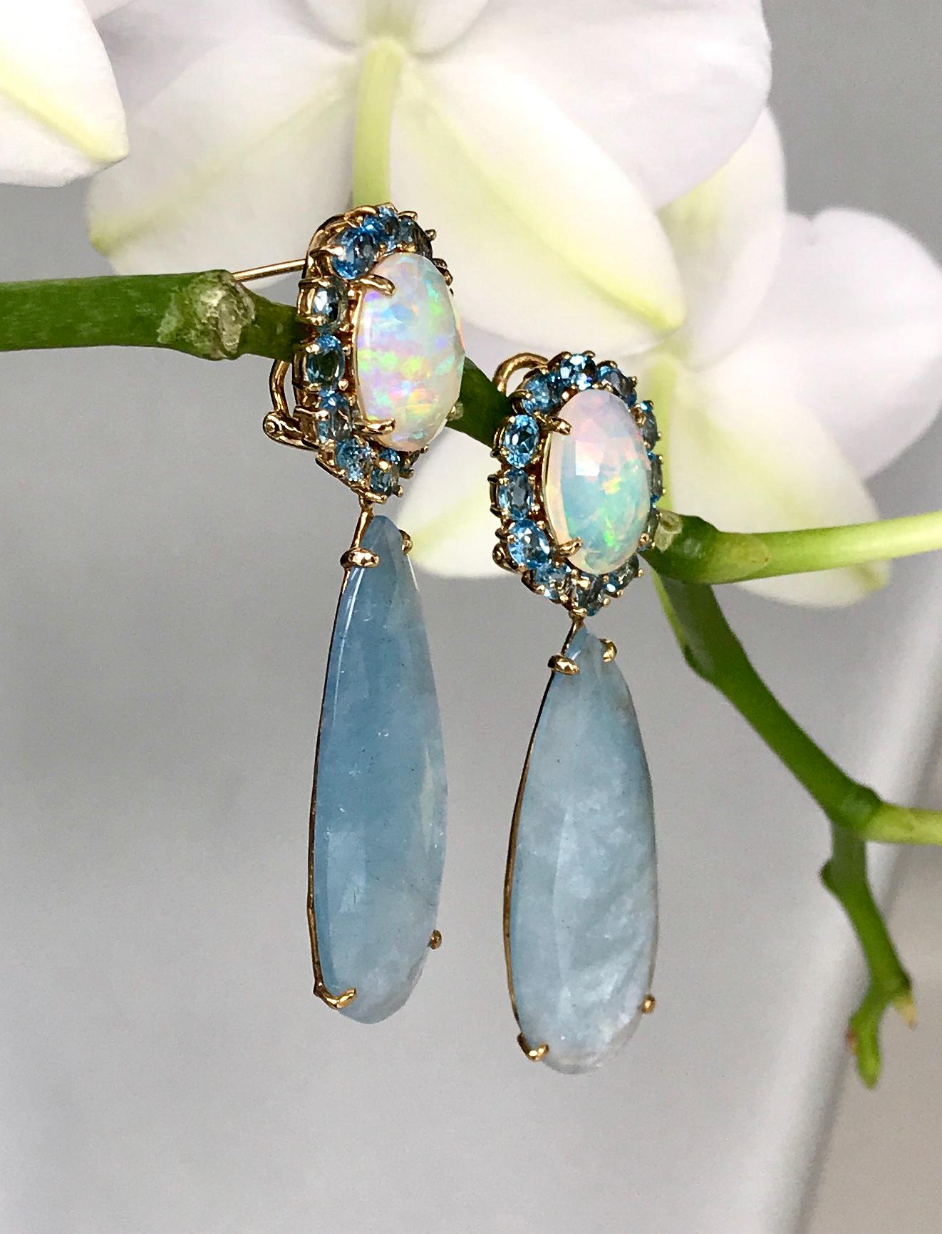Contemporary 18 Karat Yellow Gold Opal Rose Cut Aquamarine Blue Topaz Diamond Drop Earrings For Sale