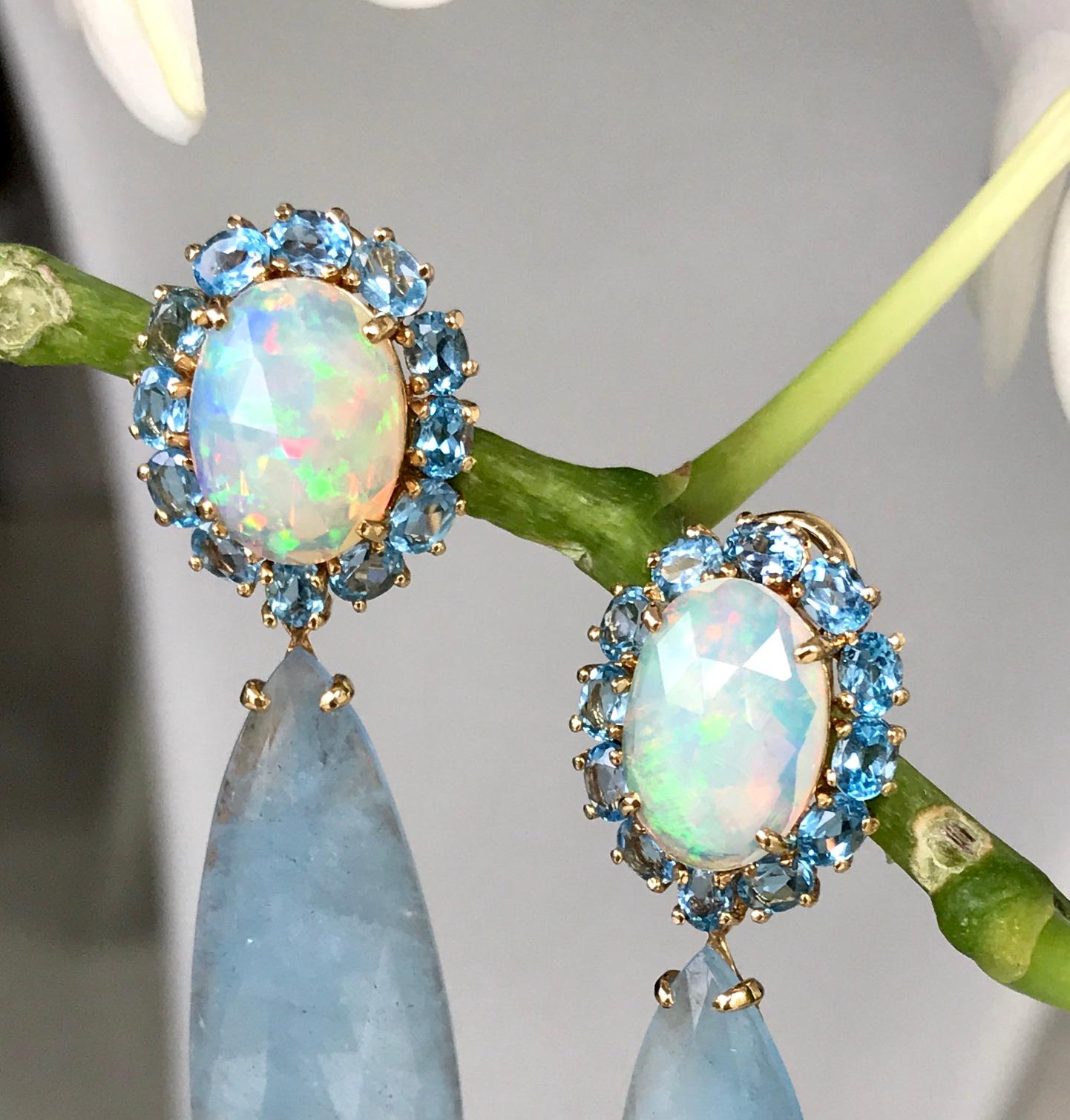 Mixed Cut 18 Karat Yellow Gold Opal Rose Cut Aquamarine Blue Topaz Diamond Drop Earrings For Sale